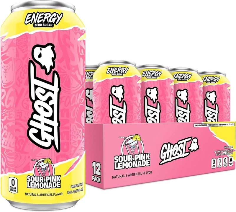 Ghost مشروب الطاقة GHOST - عبوة 12، ليمونادة وردية حامضة، علب سعة 16 أونصة - Image 1